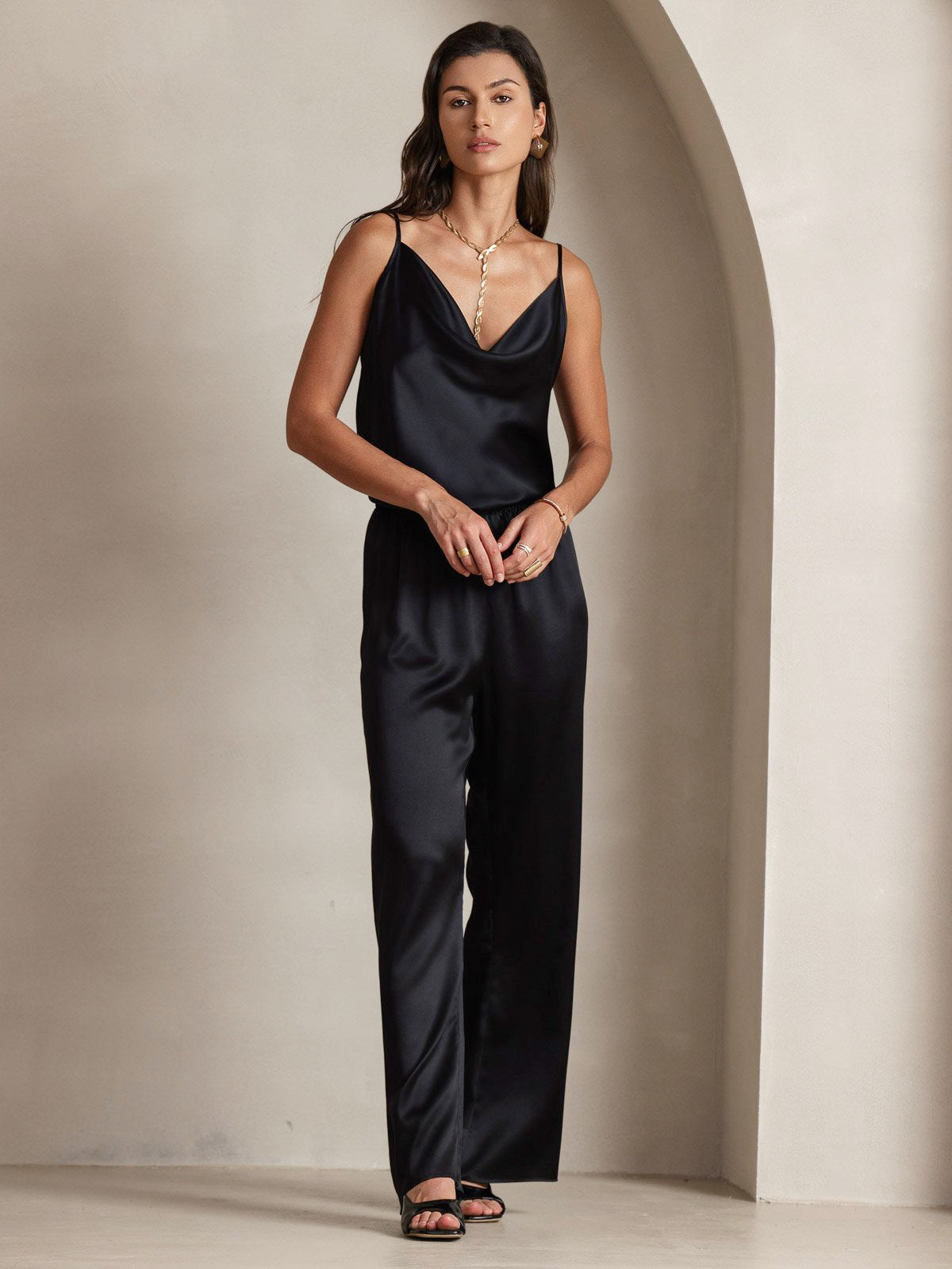 [Black] SilkSilky  19Momme Silk Cowl Neck Camisole Top 008