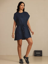 [Dark Blue] SilkSilky 18Momme Silk Satin Surah Cap Sleeve Henley Neck Dress 007
