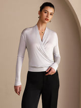 [Gray] SilkSilky  Long Sleeve Wrap Women's Blouse 003