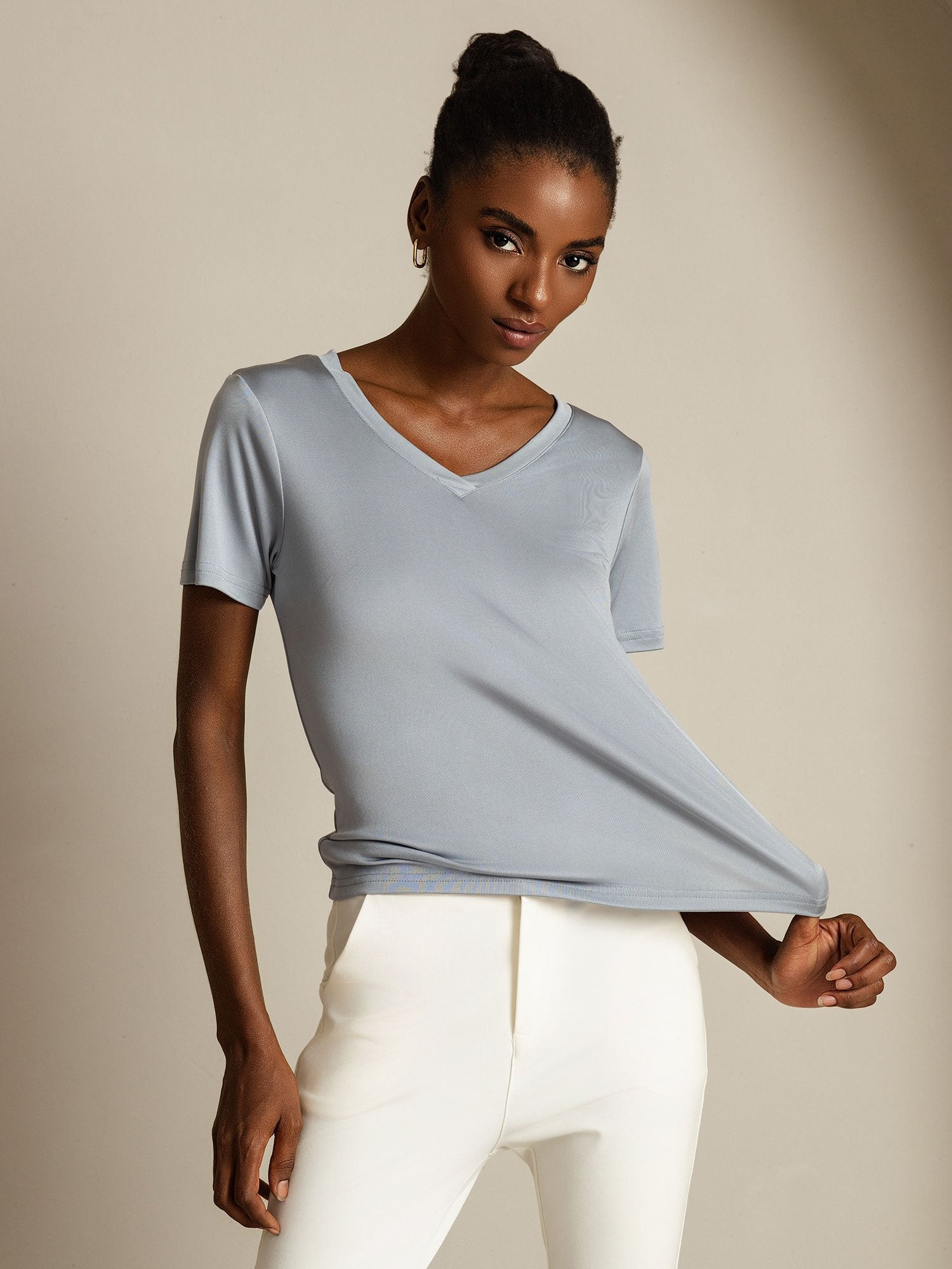 [LightGray] SilkSilky Pure Silk V Neck Women's T-Shirt 006