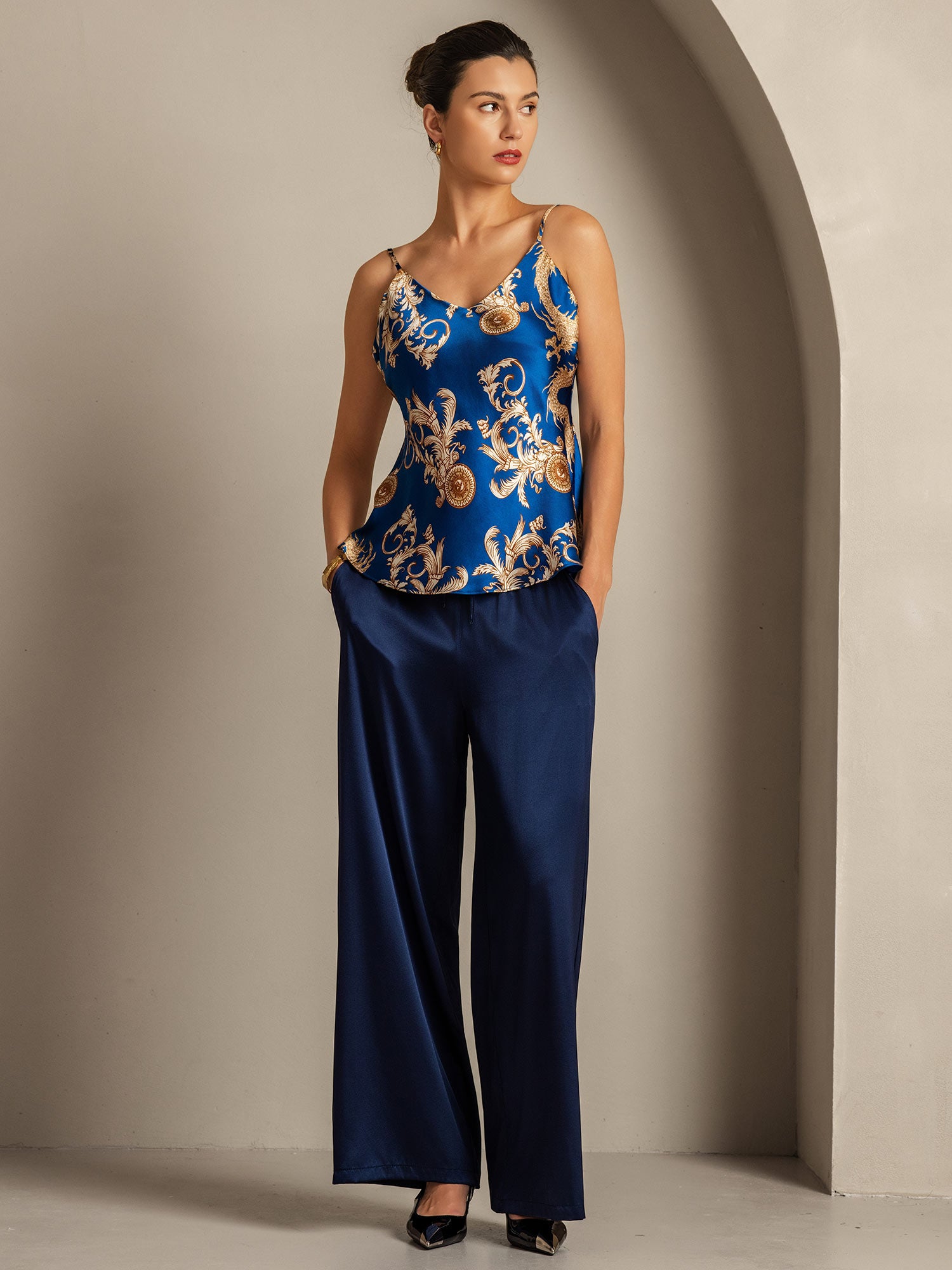 [Navy Dragon] SilkSilky  Pure Silk V Neck Camisole Top 008