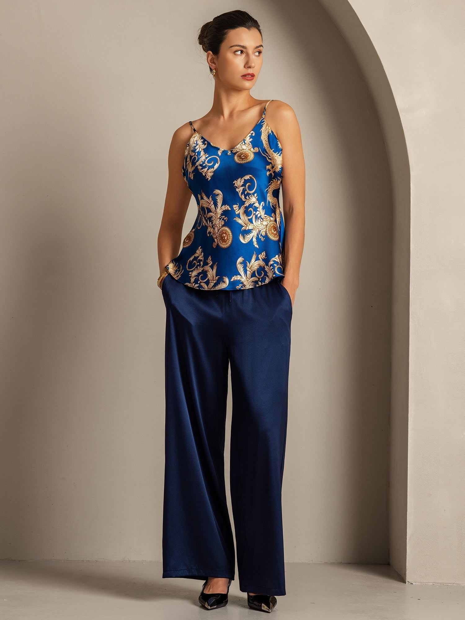 [Navy Dragon] SilkSilky  Pure Silk V Neck Camisole Top 008,