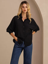 [Black] SilkSilky Long Sleeve Lapel Collar Women's Shirt 001