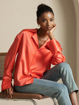 [Imperial Red] SilkSilky  19Momme Long Sleeve Notch Collar Women's Shirt 001