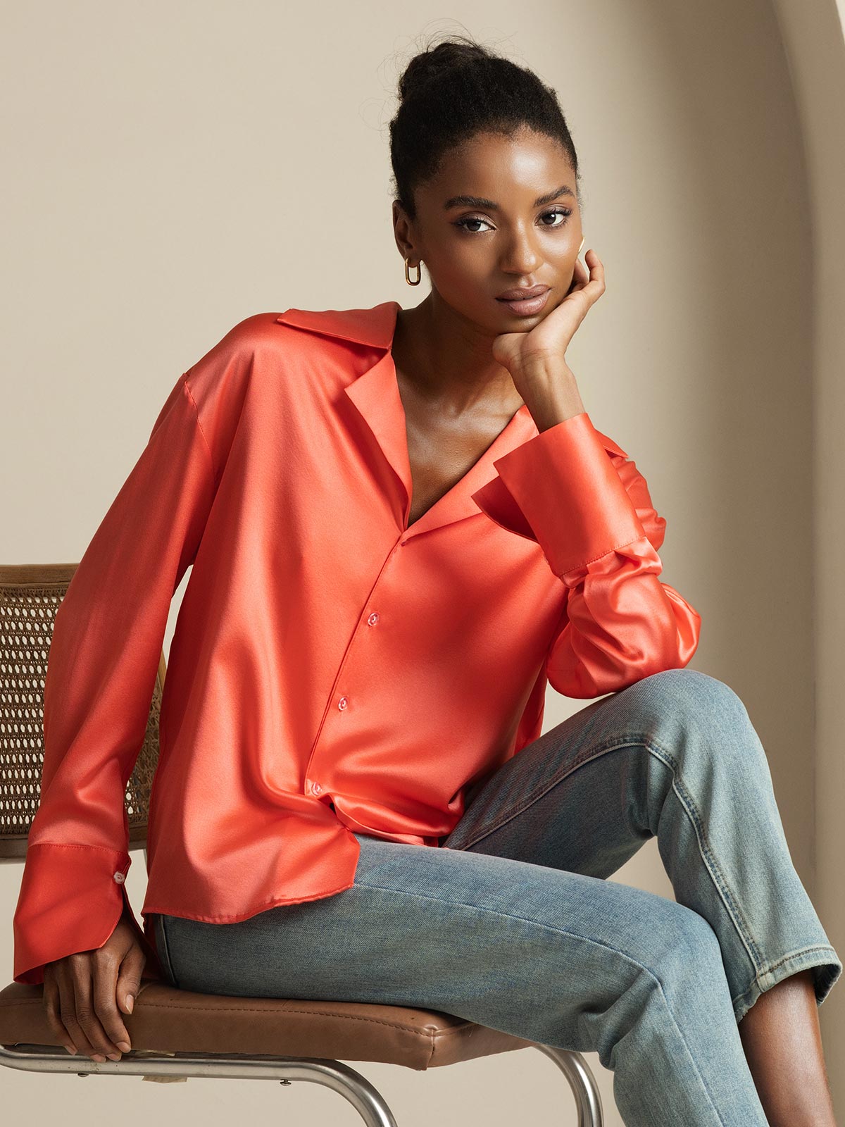 [Imperial Red] SilkSilky  19Momme Silk Notch Collar Women's Shirt 001