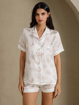 [Cream Floral] SilkSilky  Short Sleeve Notch Collar Women's Pajamas 001
