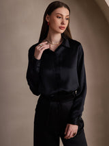 [Black] SilkSilky  Long Sleeve Lapel Collar Women's Shirt 001
