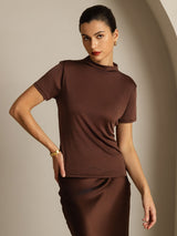 [Coffee] SilkSilky  100% Silk Jersey Short Sleeve Mock Neck Women's T-Shirt 001