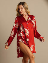 [Dark Red] SilkSilky  19Momme Long Sleeve Notch Collar Nightshirt 001