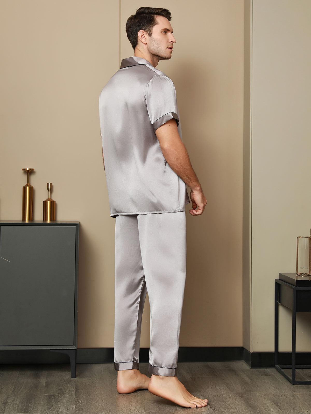 SilkSilky  Pure Silk Short Sleeve Lapel Men's Pajamas Gray 002