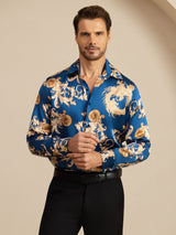 [Navy Dragon] SilkSilky Long Sleeve Lapel Collar Men's Shirt 005