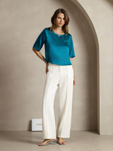 [Teal] SilkSilky  Pure Silk Half Sleeve Scoop Neck Women's T-Shirt 005