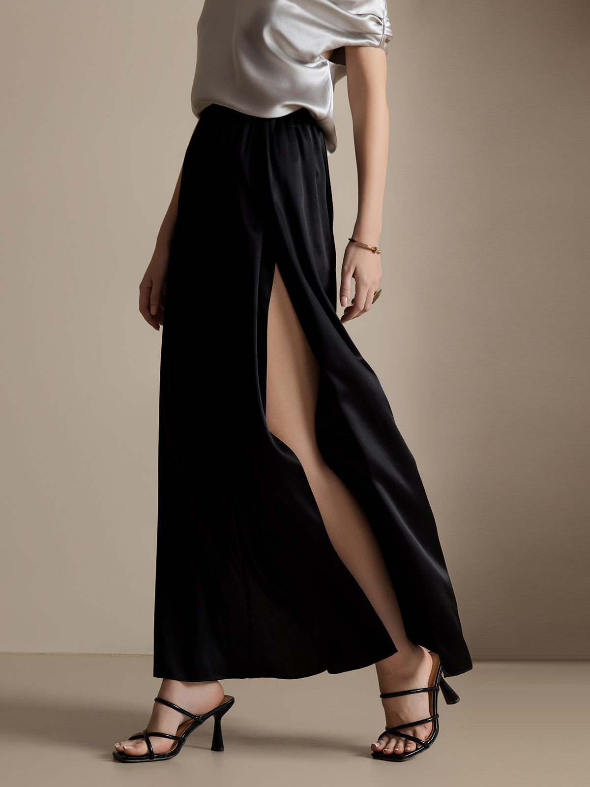[Black] SilkSilky  19Momme Silk Split Women's Pants 003