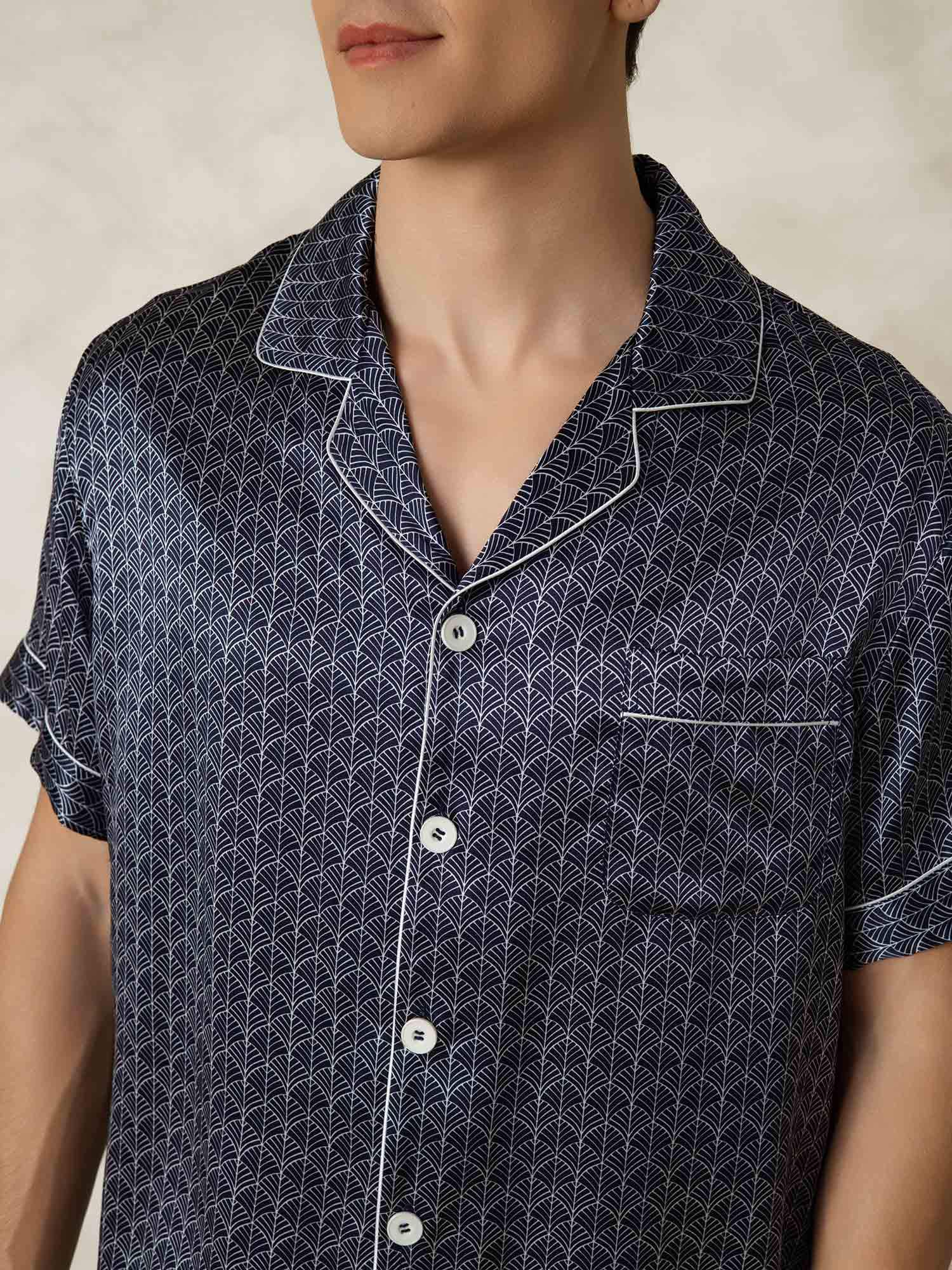 [NavyGinkgo] SilkSilky Pure Silk Lapel Collar Men's Pajamas 007