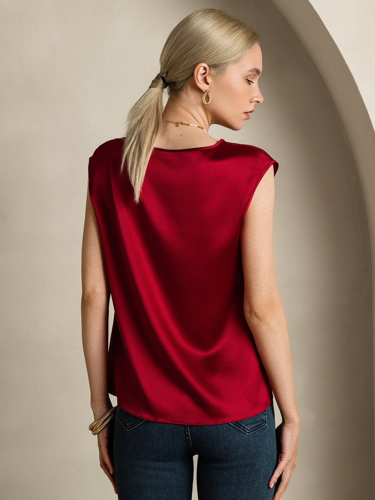 [Wine] SilkSilky  19Momme Silk Round Neck Women's T-Shirt 002