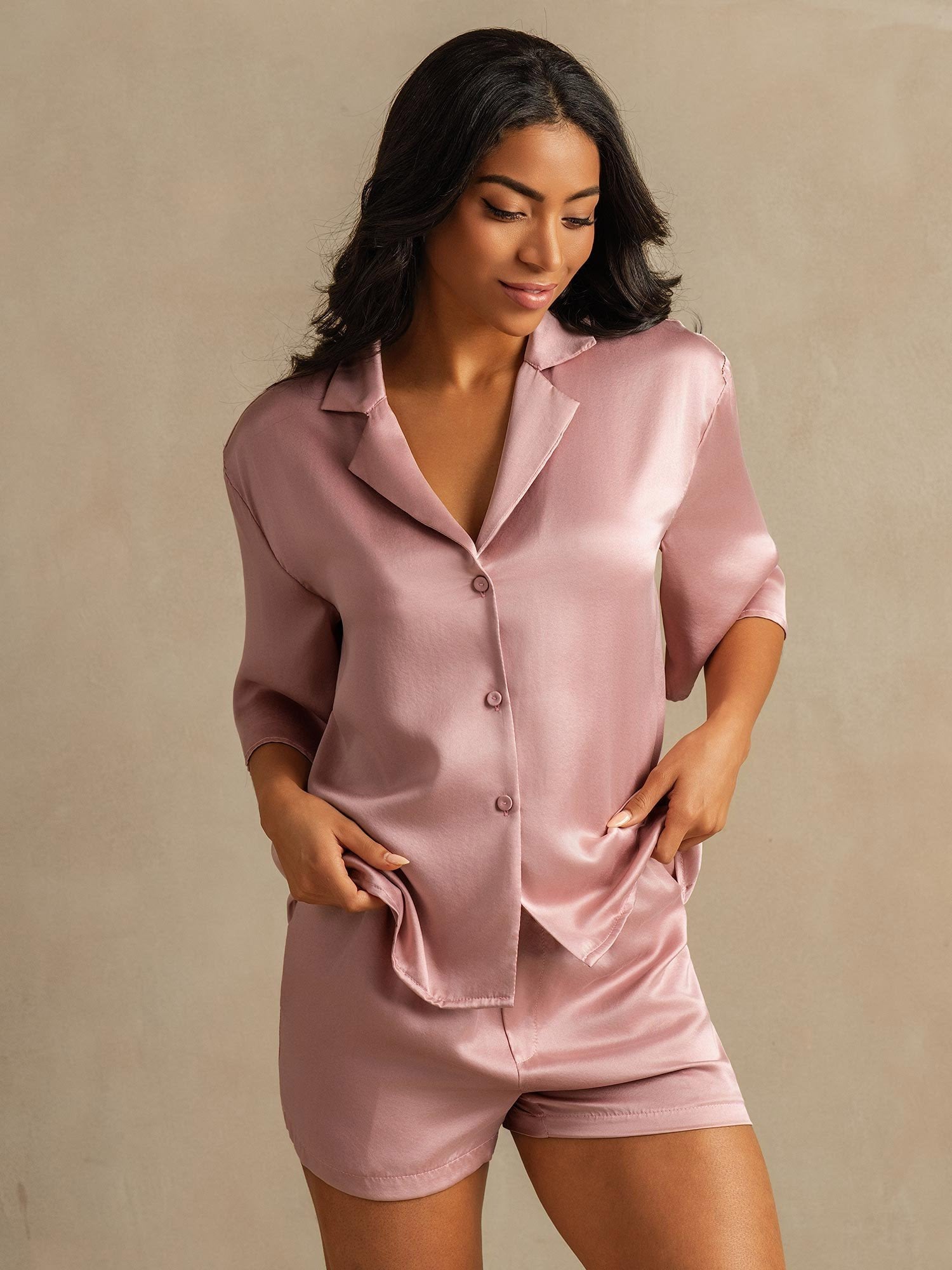 [Peach Skin] SilkSilky  19Momme Pure Silk Notch Collar Women's Pajamas 003,