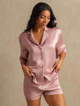 [Peach Skin] SilkSilky  19Momme Machine-Washable Silk Half Sleeve Notch Collar Women's Pajamas 003