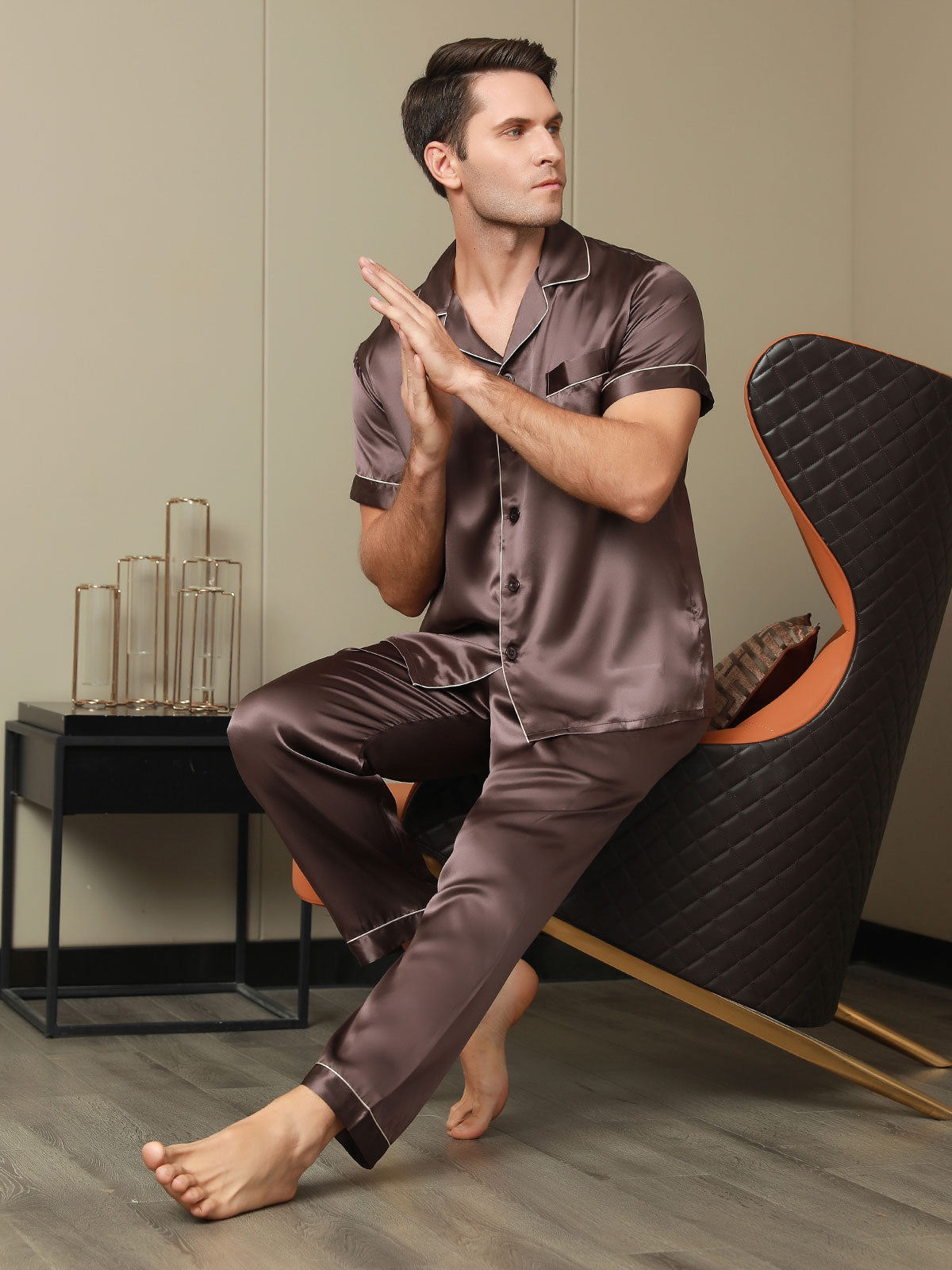 SilkSilky  Pure Silk Short Sleeve Lapel Men's Pajamas Coffee 005