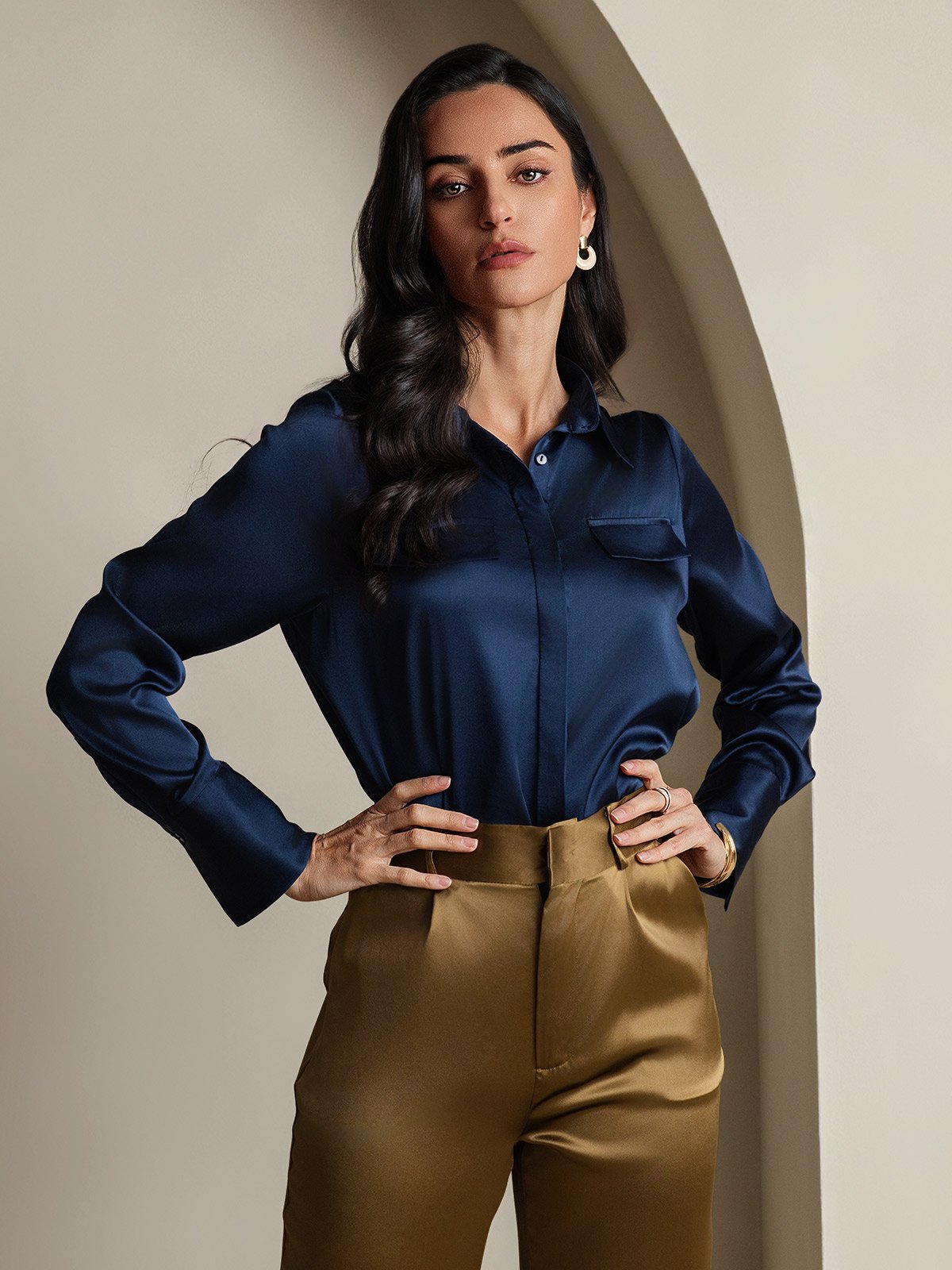 SilkSilky 19Momme Silk Long Sleeve Collar Women's Shirt DarkBlue 003