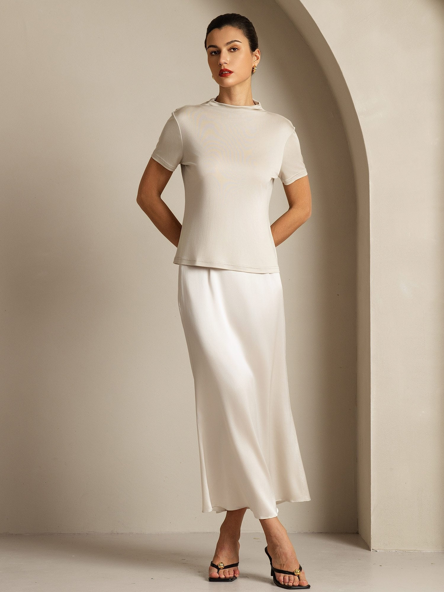 [Gray] SilkSilky  Pure Silk Collar Women's T-Shirt 007