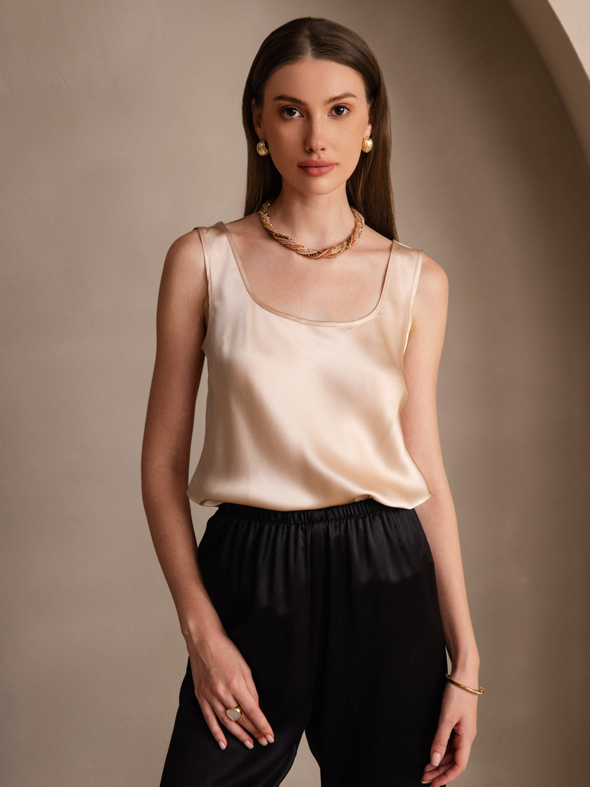 [Champagne] SilkSilky  Pure Silk Wrap Camisole Top 001