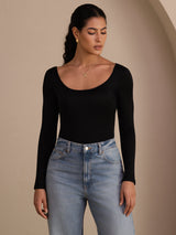[Black] SilkSilky Long Sleeve U Neck Women's T-Shirt 003