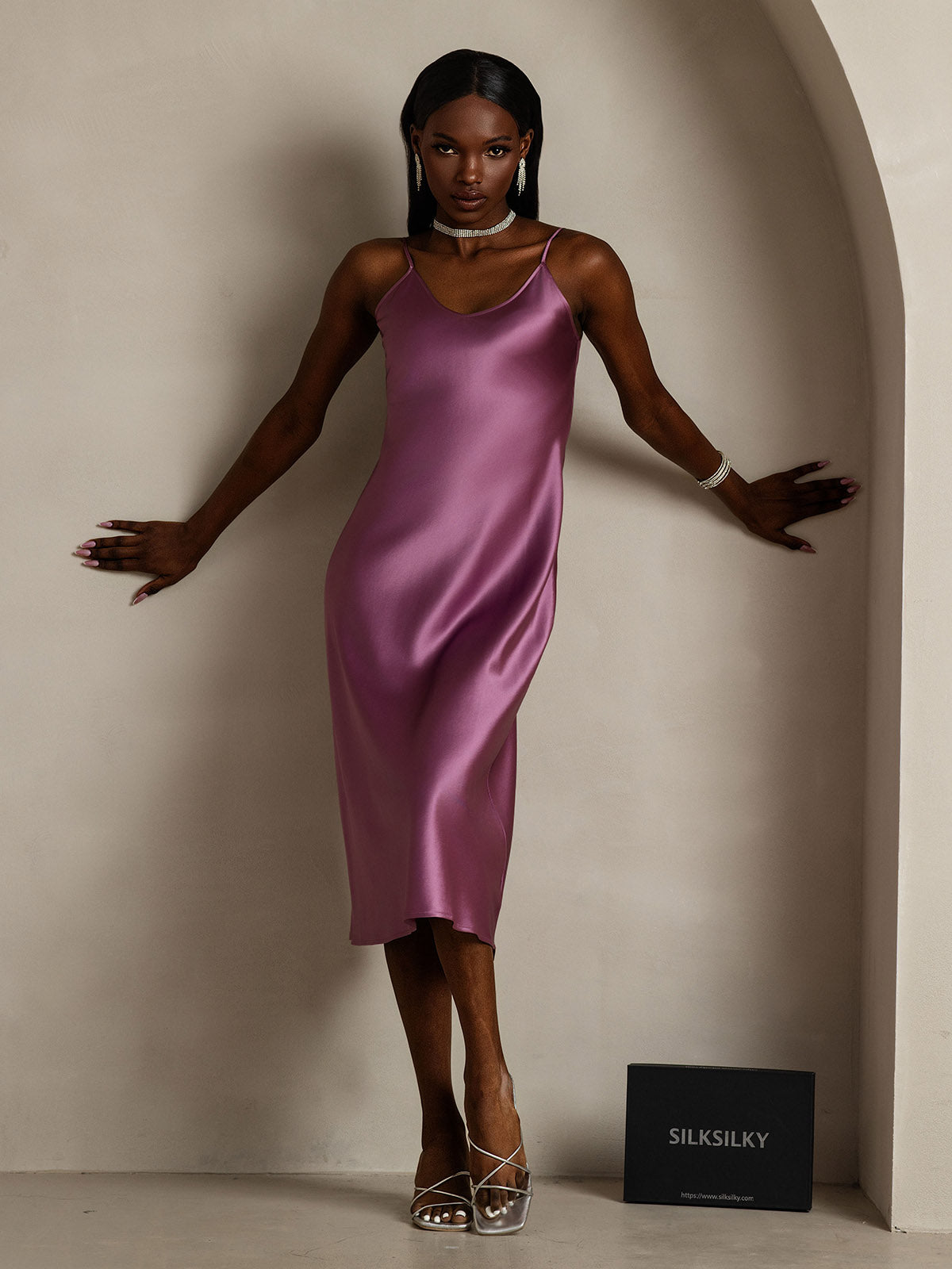 [Deep Purple] SilkSilky  Pure Silk Round Neck Dress 005