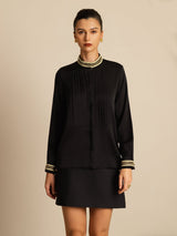 [Black] SilkSilky  19Momme Silk Long Sleeve Collar Blouse 001