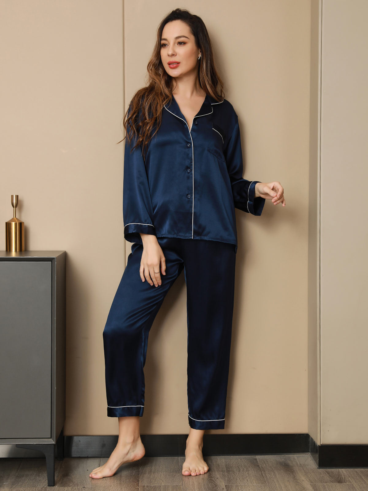 SilkSilky  Pure Silk Long Sleeve Lapel Women's Pajamas DarkBlue 005