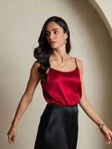 [Wine] SilkSilky  19Momme Stretch Silk Charmeuse Spaghetti Strap Scoop Neck Camisole Top 001