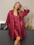 SilkSilky US Pure Silk 3/4 Sleeve Nightgown&Robe Set Wine 004