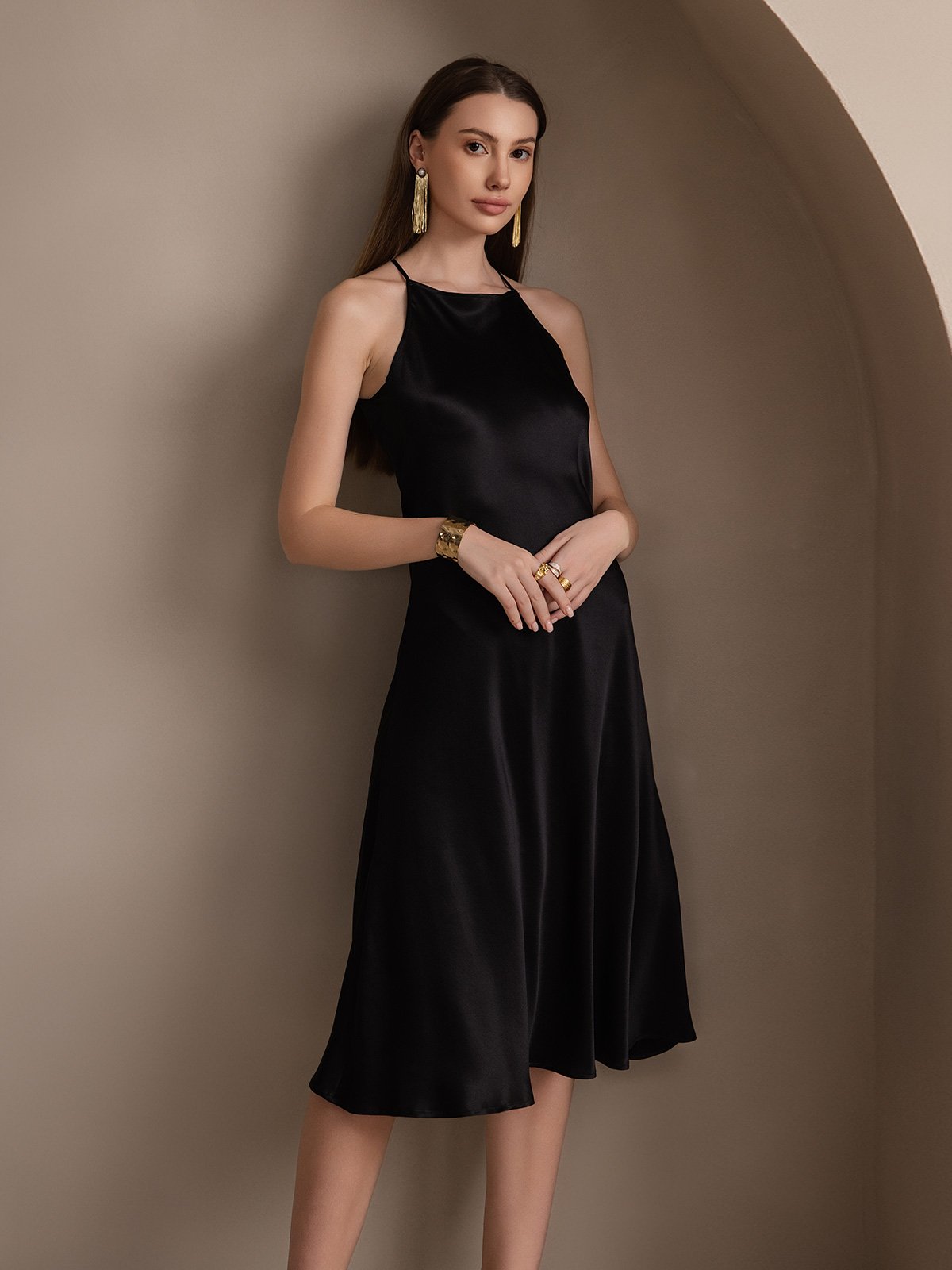 SilkSilky US 19Momme Silk Blend Sleeveless Dress Black 005