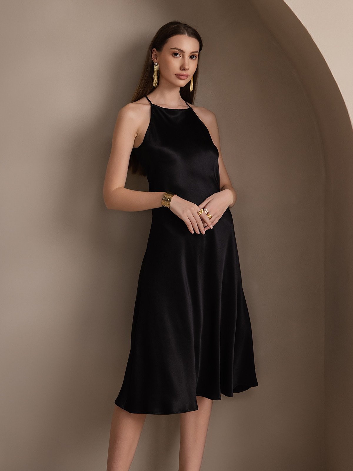 [Black] SilkSilky 19Momme Silk Sleeveless Dress 005