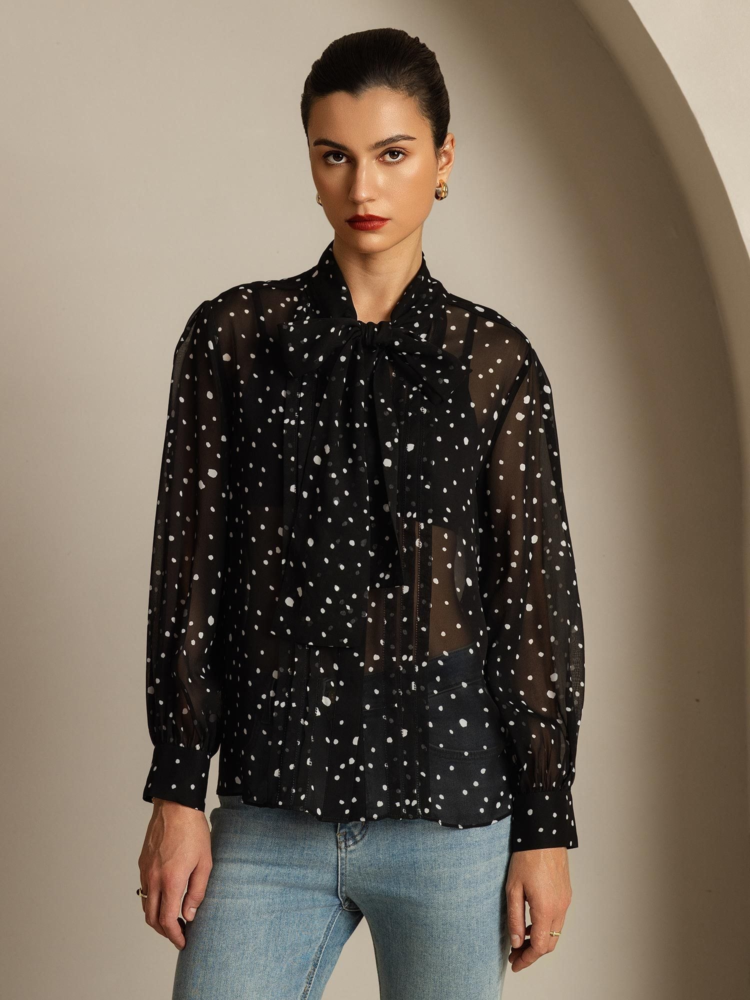 [PolkaDot] SilkSilky Pure Silk Tie Neck Women's Shirt 003