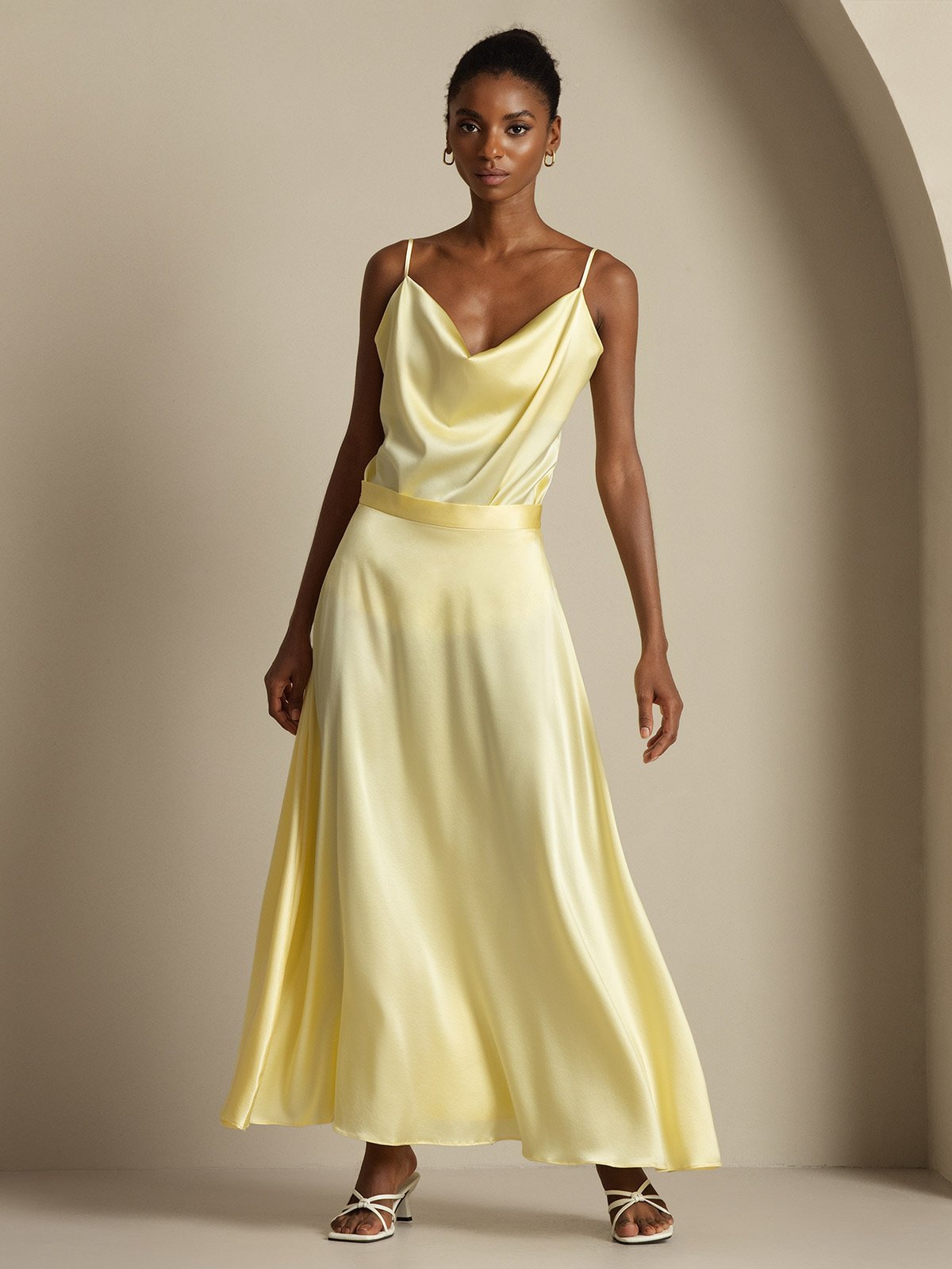 [Light Yellow] SilkSilky  19Momme Silk Cowl Neck Women''s Outfit Sets 001,