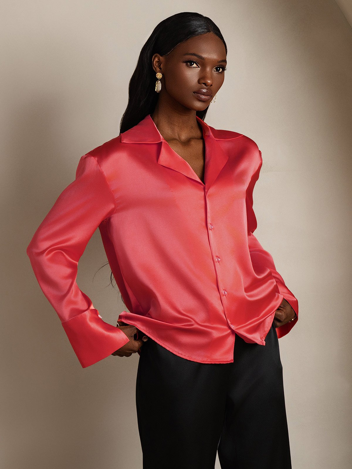 SilkSilky 19Momme Silk Long Sleeve Lapel Women's Shirt ImperialRed 005