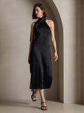 SilkSilky US 19Momme Silk Blend Sleeveless Tie Neck Dress Black 007