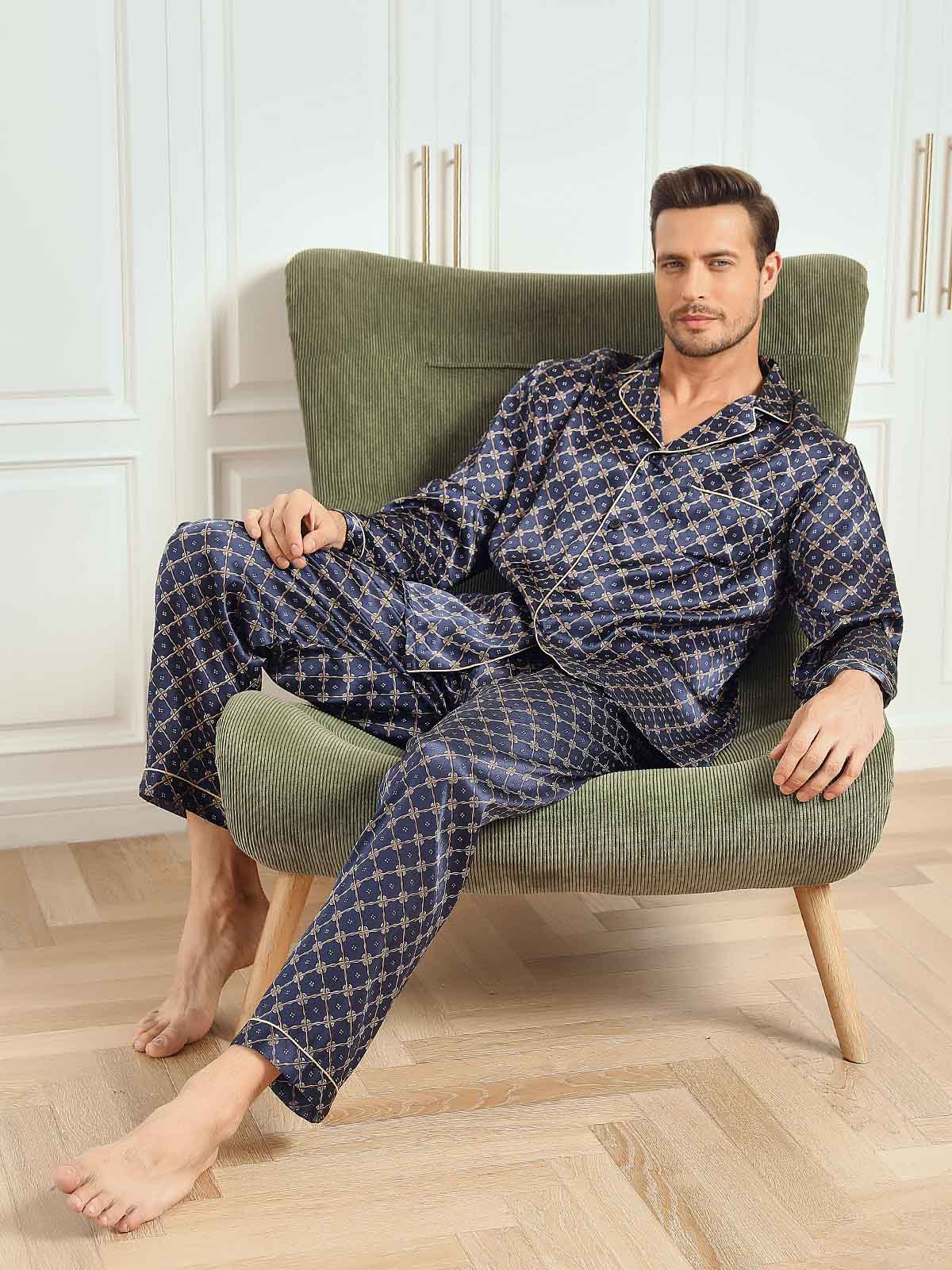 SilkSilky US 19Momme Pure Silk Long Sleeve Lapel Men's Pajamas DarkBlue 001