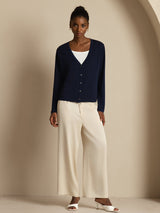 Women's white silk V-neck long sleeve cardigan with button front