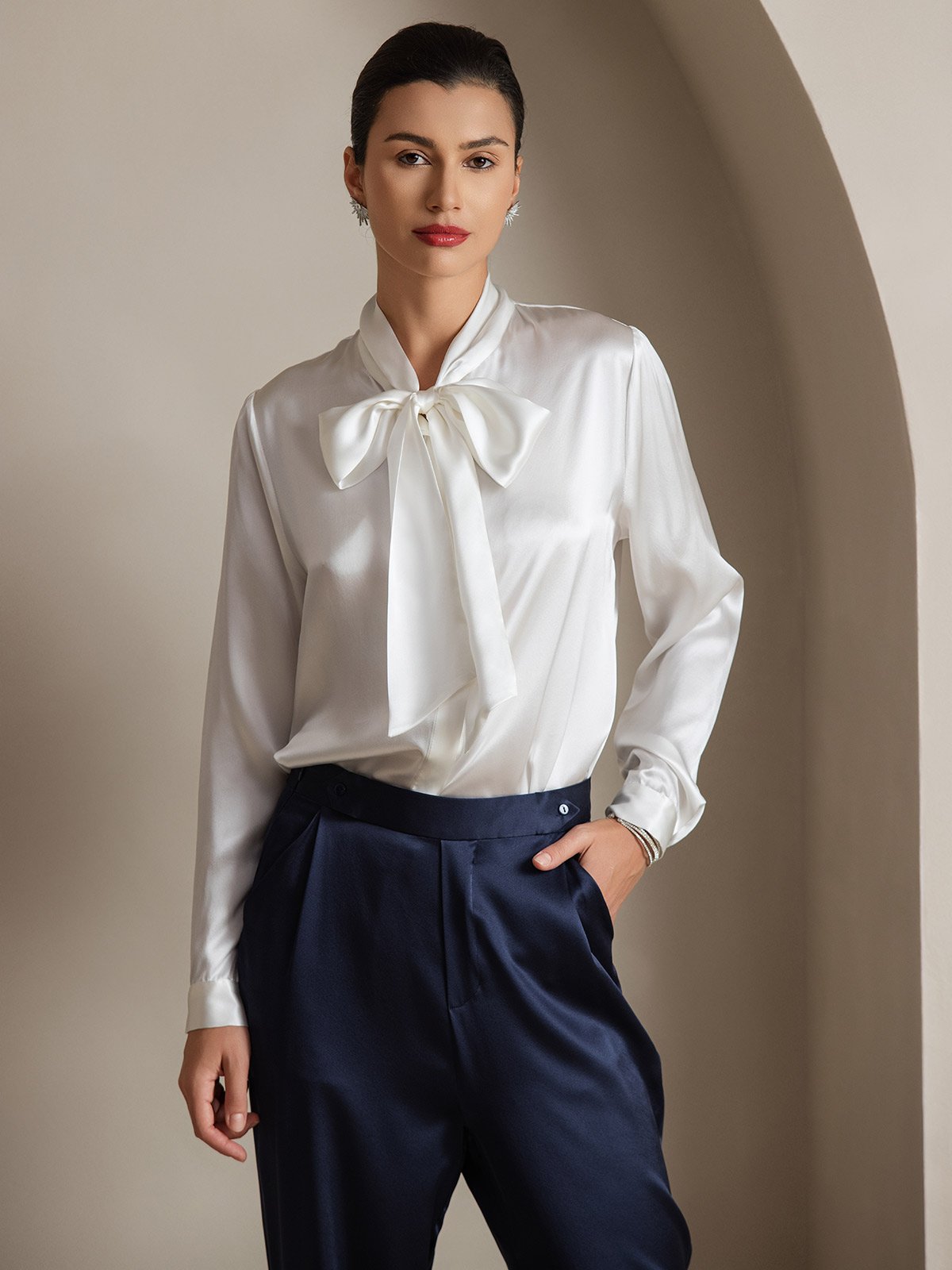 [White] SilkSilky 19Momme Silk Long Sleeve Tie Neck Women's Shirt 003