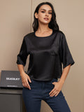 SilkSilky US Pure Silk Half Sleeve Boat Neck Women's T Shirt Black 001