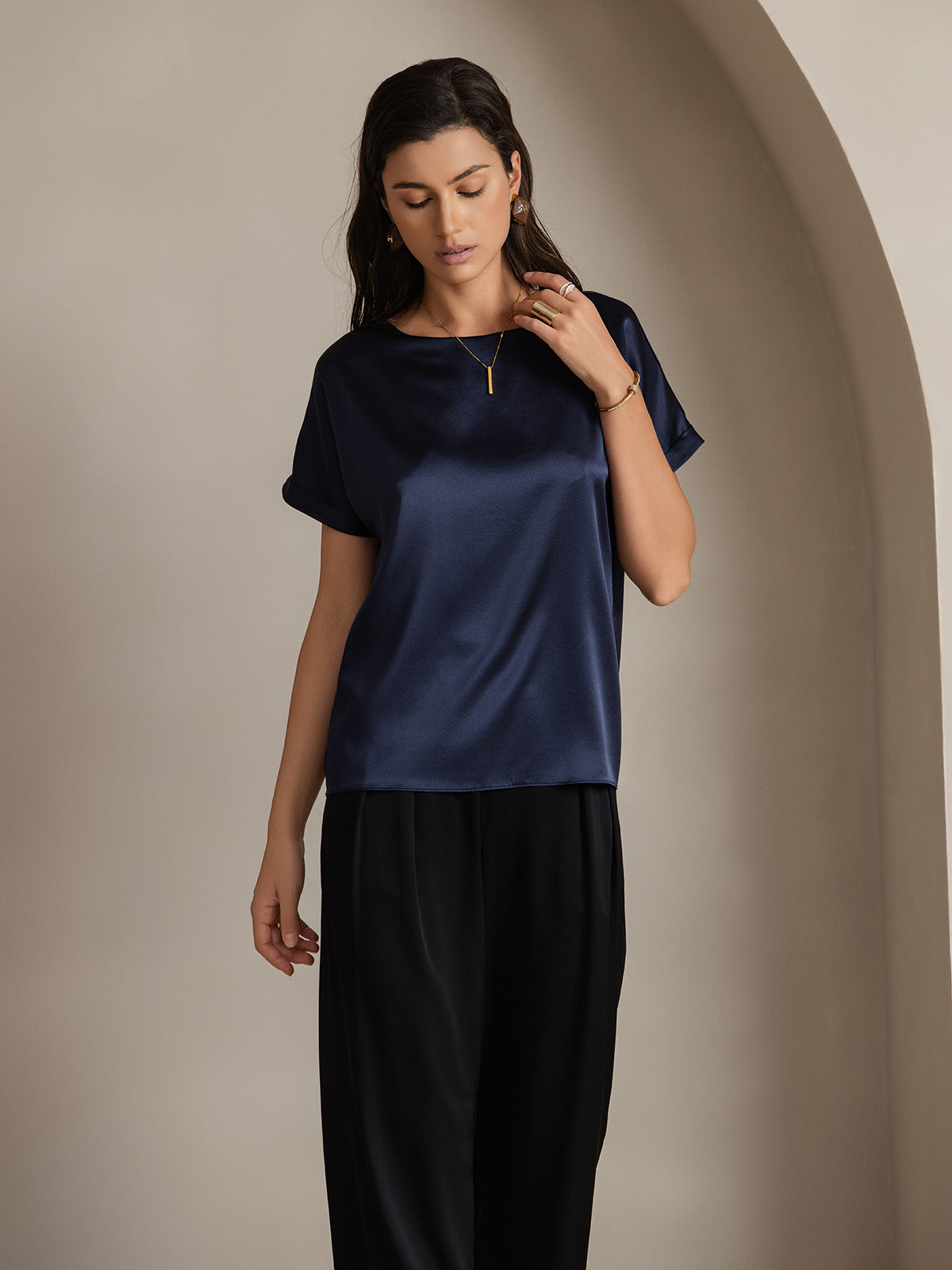 [Dark Blue] SilkSilky  19Momme Silk Round Neck Women's T-Shirt 003,