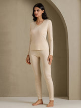[Beige] SilkSilky  Long Sleeve V Neck Women's Long Johns 007