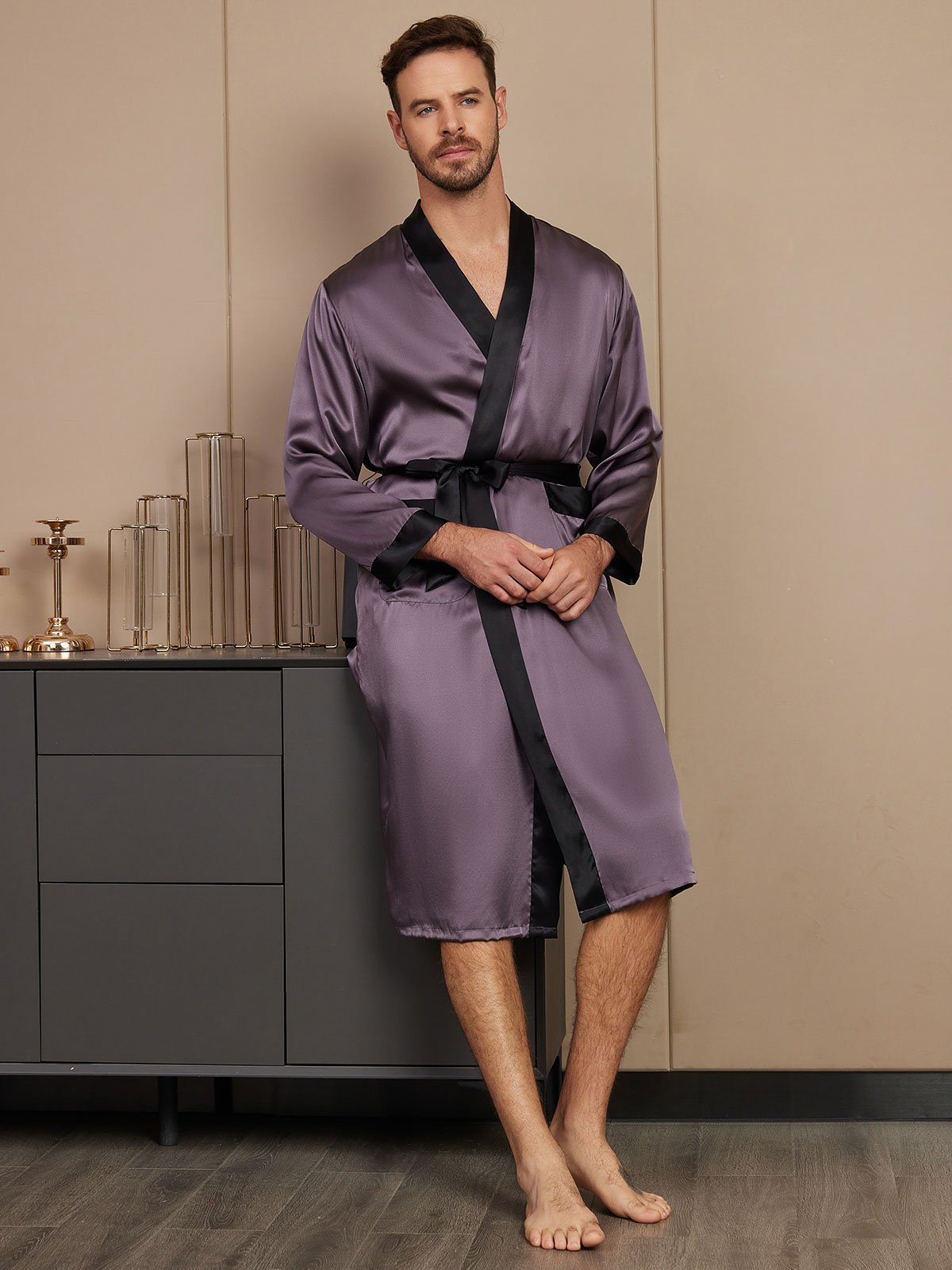 SilkSilky US Pure Silk Long Sleeve Mens Robe PurpleGray 004