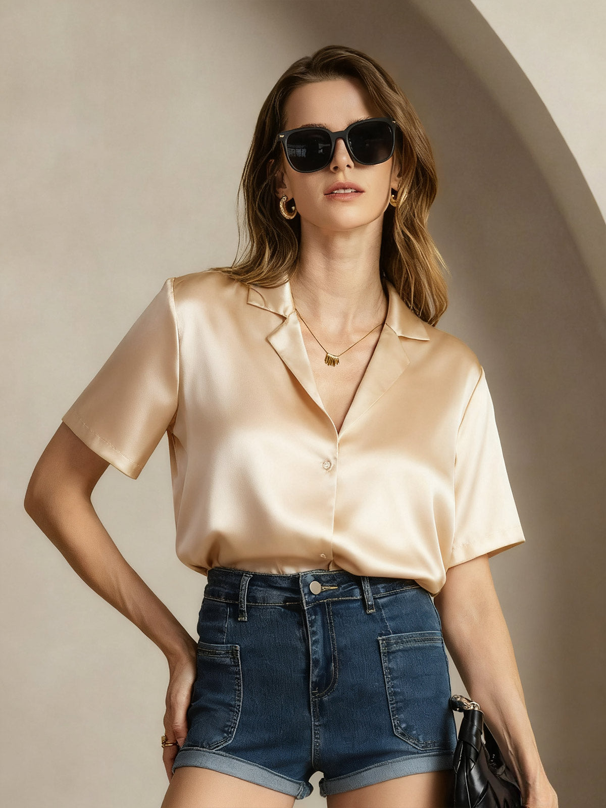 [Champagne] SilkSilky  19Momme Silk Notched Neck Women's Shirt 005