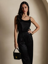 [Black] SilkSilky  19Momme Stretch Silk Charmeuse Spaghetti Strap Scoop Neck Camisole Top 001