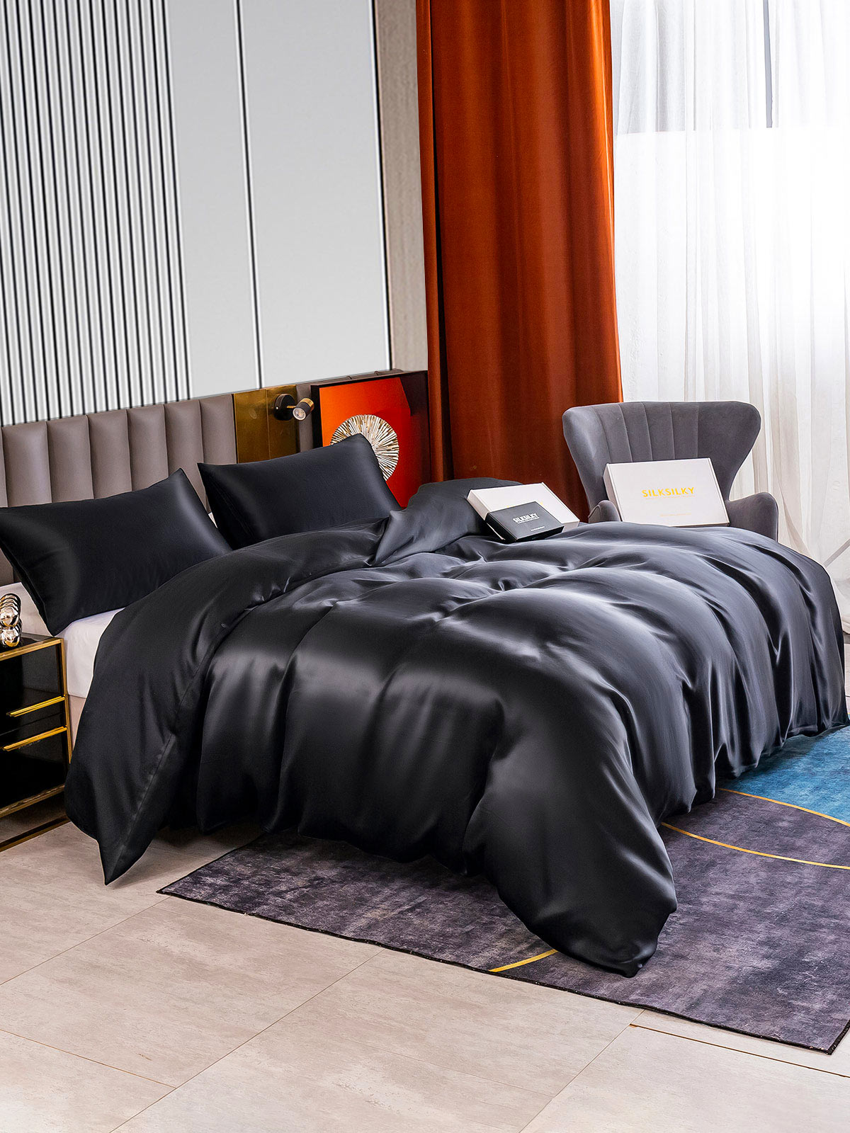 SilkSilky US 22Momme Pure Silk Bedding Set Black 004