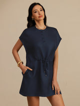 [Dark Blue] SilkSilky 18Momme Silk Satin Surah Cap Sleeve Henley Neck Dress 003