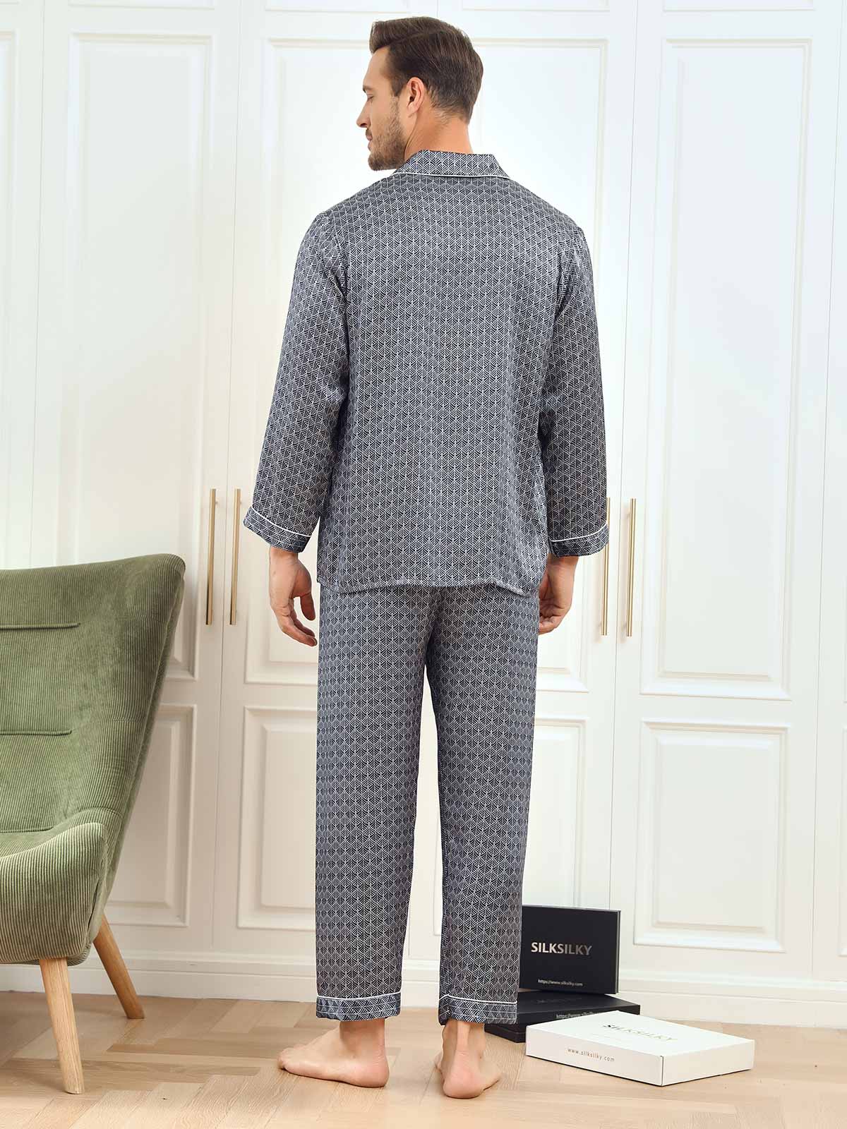[Navy Ginkgo] SilkSilky  19Momme Pure Silk Mens Pajamas 002