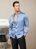 SilkSilky US Silk Blend Long Sleeve Collar Men's Shirt Blue 004